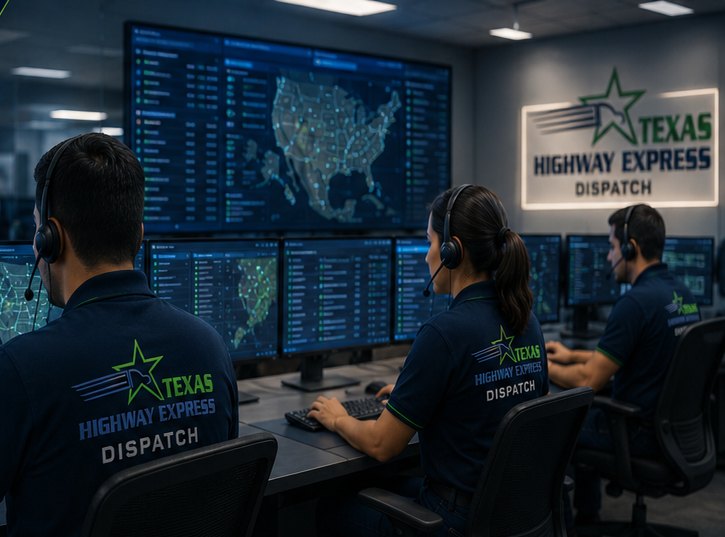 Equipo de dispatch de Texas Highway Express monitoreando rutas